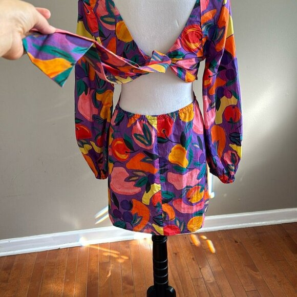 FARM Rio Long-Sleeve Poplin Colorful Open Back Puff Sleeve Mini Dress Size M NWT - Picture 11 of 14